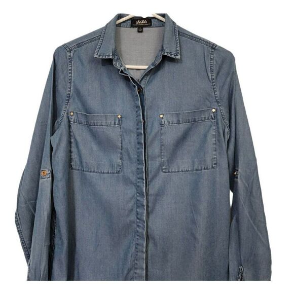 LULUS Blue Chambray - S - Long Sleeve Button Down Dress Tab Sleeves - Picture 2 of 9